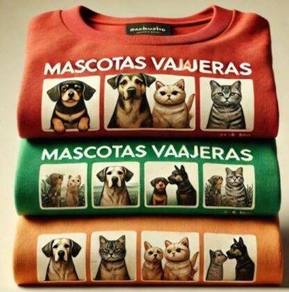 Camisetas "Macotas Viajeras" en verde, rojo y naranja colocadas una encima de otra.