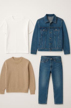 Imagen donde salen varias prendas de ropa segun tu estilo, una camiseta basica blanca, una chaqueta vaquera, un  jersey de color arena y un pantalon vaquero