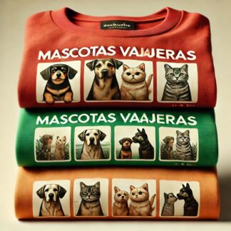 Camisetas de mascotas viajeras, una roja , una verde y una naranja.