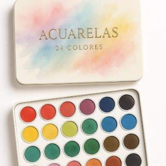 Acuarelas de colores en una paleta con detañes de colores de un arcoíris y con detalles blancos