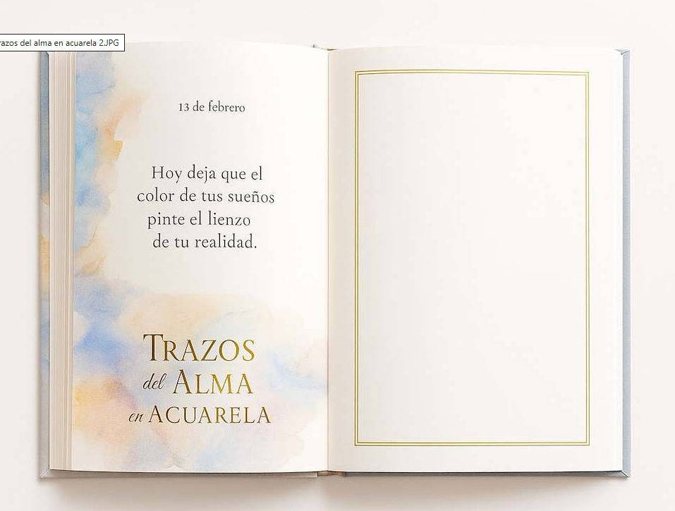 Libro con bullet Journal de hojas blancas con detalles dorados y un colorete de azul con naranja y en la pagina izquierda tienes un concepto