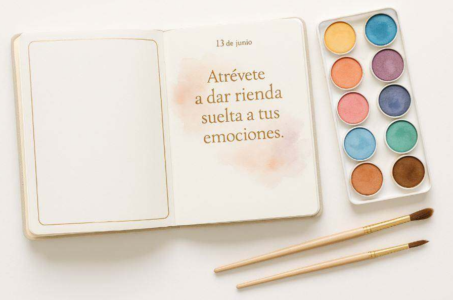 Una paleta de pintura, para tu bullet journal, con pinceles y un libro con fondo blanco con letras en la parte derecha del libro y con detalles dorados 