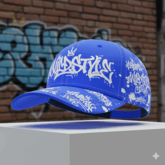 Gorra azul con decoraciones en blanco.