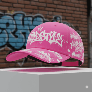 Gorra rosa con decoraciones en blanco.