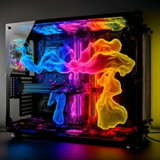 Fotografía de un PC Gamer AMD Ryzen 5400 de sobremesa con un montón de luces (azul, amarillo, rosa y verde)