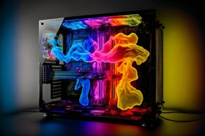 Fotografía de un PC Gamer AMD Ryzen 5400 de sobremesa con un montón de luces (azul, amarillo, rosa y verde)