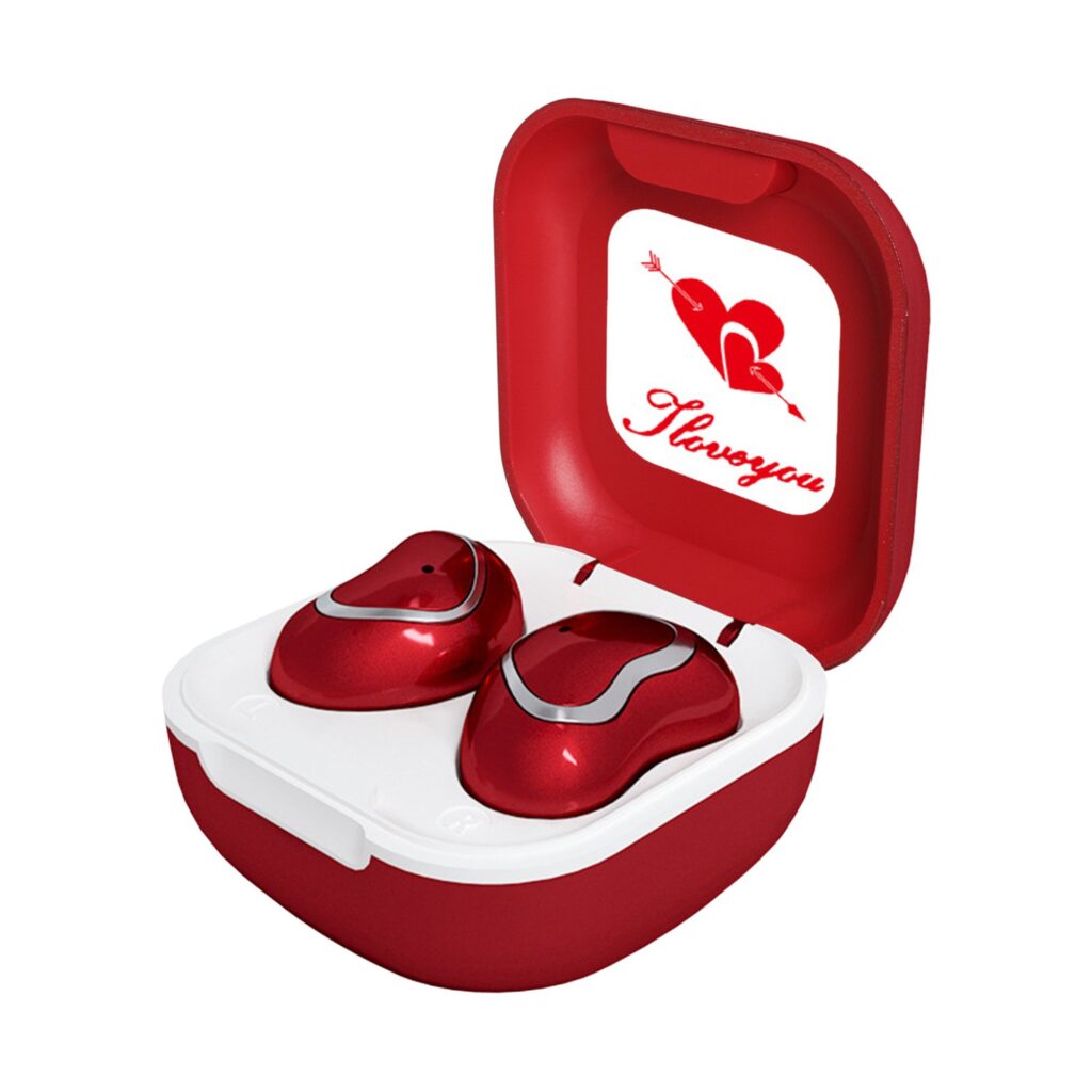 Imagen de unos an-Ear Inalámbrico Mini Auricular Bluetooth con temática de San Valentín, de colores rojo y blanco