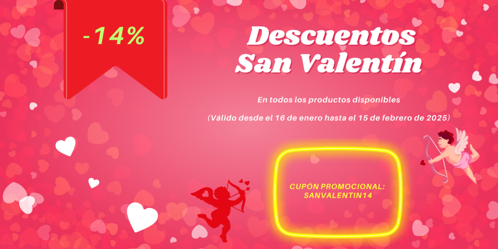 Cupón de descuento del 14% por San Valentín con el código SANVALENTIN14 (todo en mayúscula y sin tilde en la i)