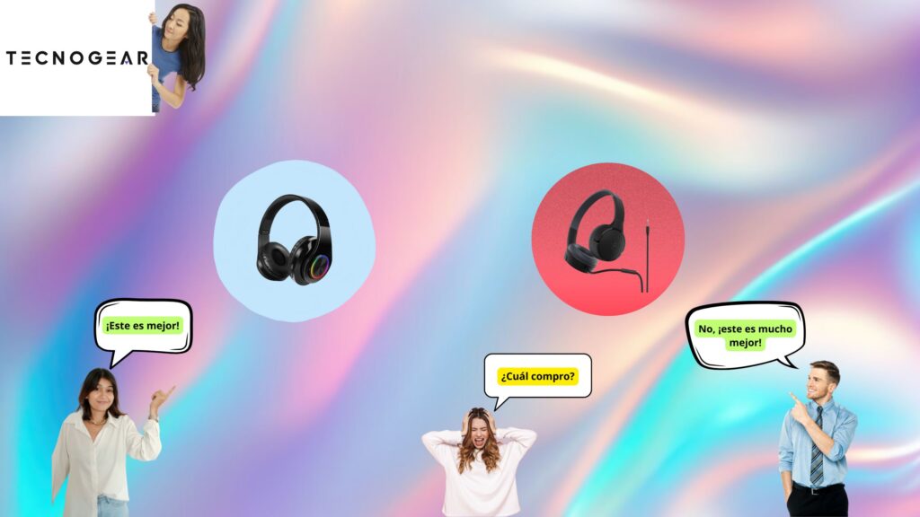 Imagen en la que aparecen unas personas discutiendo si es mejor los cascos con o sin cable