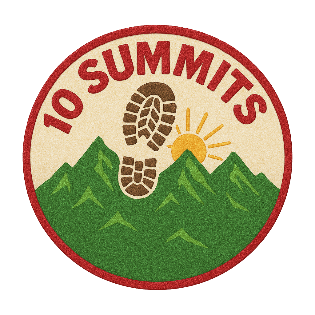 El logotipo de "10 Summits" compuesto por un circulo bordado de rojo, una suela de una bota sobre unas montañas verdes, un sol brillante y el texto "10 Summits" en la parte superior del circulo