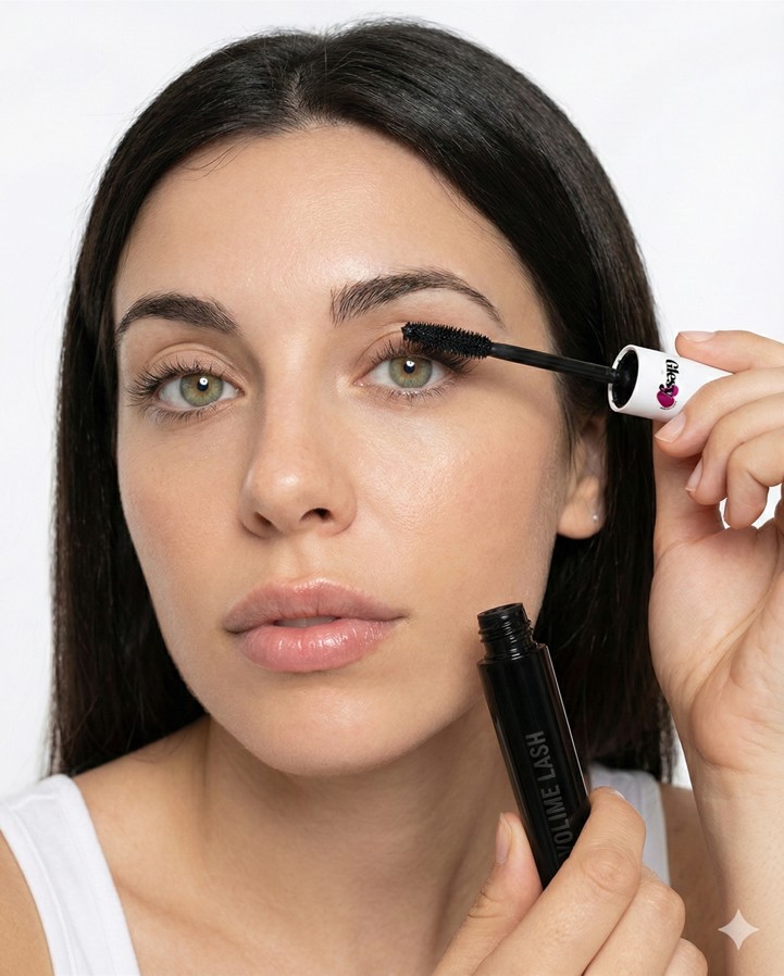 mujer utilizando mascara de pestañas glesy