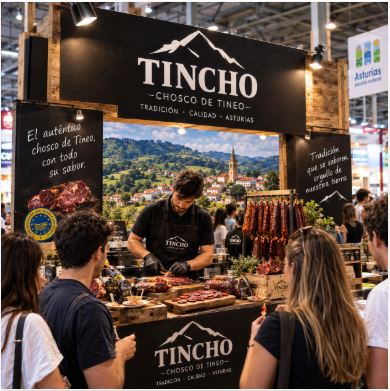 Stand en la feria de muestras de Gijón donde se ve a un maestro charcutero cortando el chosco gourmet con una imagen de tineo de fondo y representaciones de la marca a los lados. En la parte de adelante de la imagen se ve a gente disfrutando de la demostración de este maestro.
