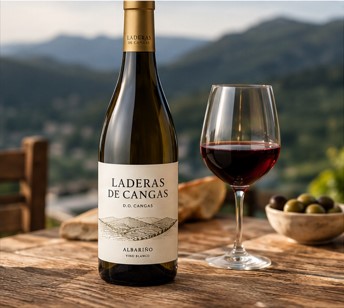 Botella de vino Laderas de Cangas junto a una copa de vino tinto, sobre una mesa de madera, con un paisaje de montaña al fondo.