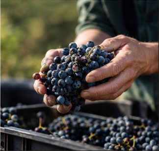 Primer plano de unas manos sosteniendo un racimo de uvas negras recién vendimiadas, como muestra del trabajo manual en el viñedo.