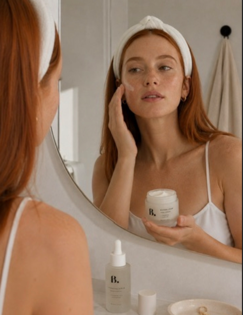 Una chica pelirroja realizando su rutina de skincare Lux de Blanc by carmen usando la crema